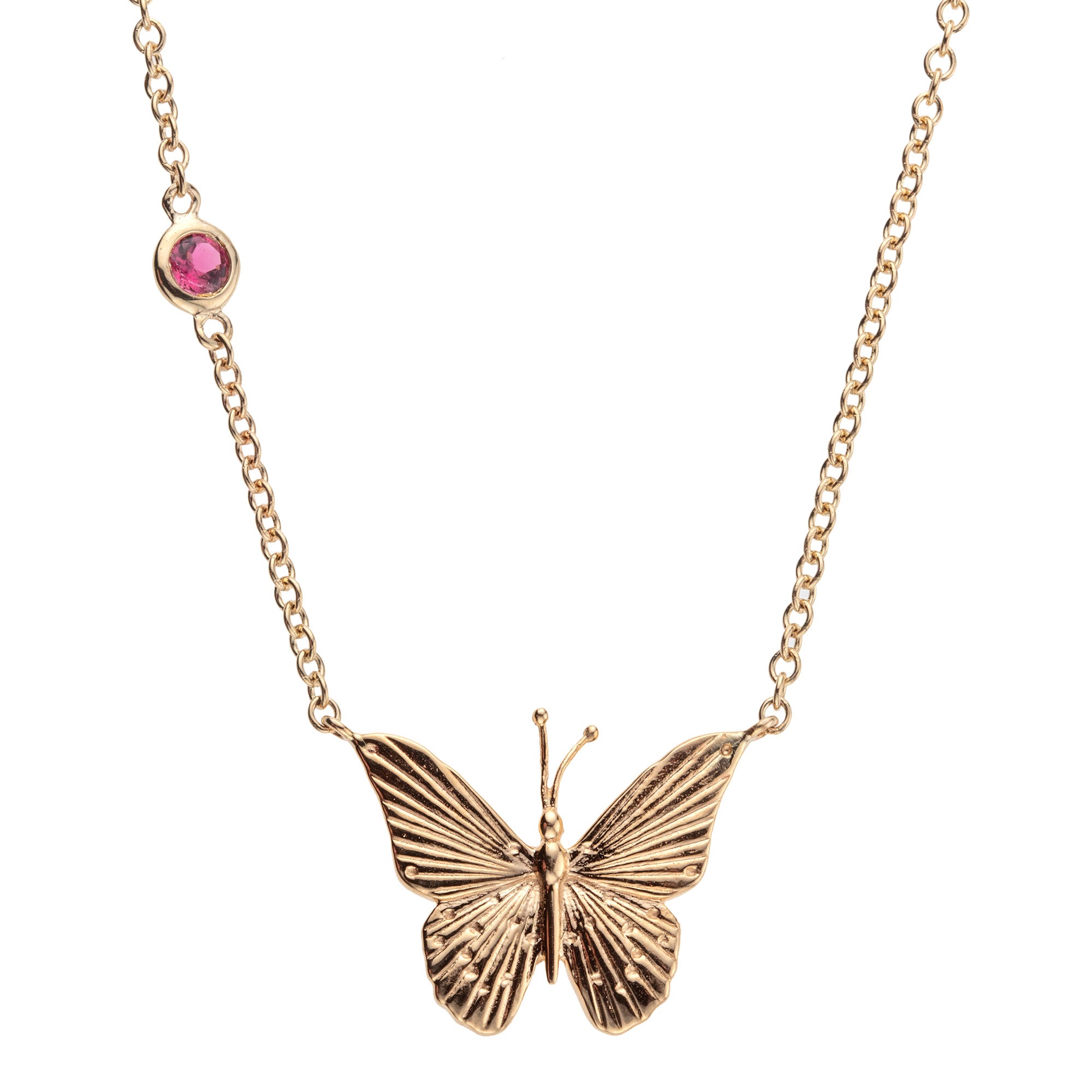 Gold butterfly pendant with pink tourmaline stone on chain