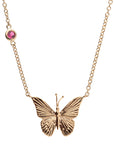 Gold butterfly pendant with pink tourmaline stone on chain