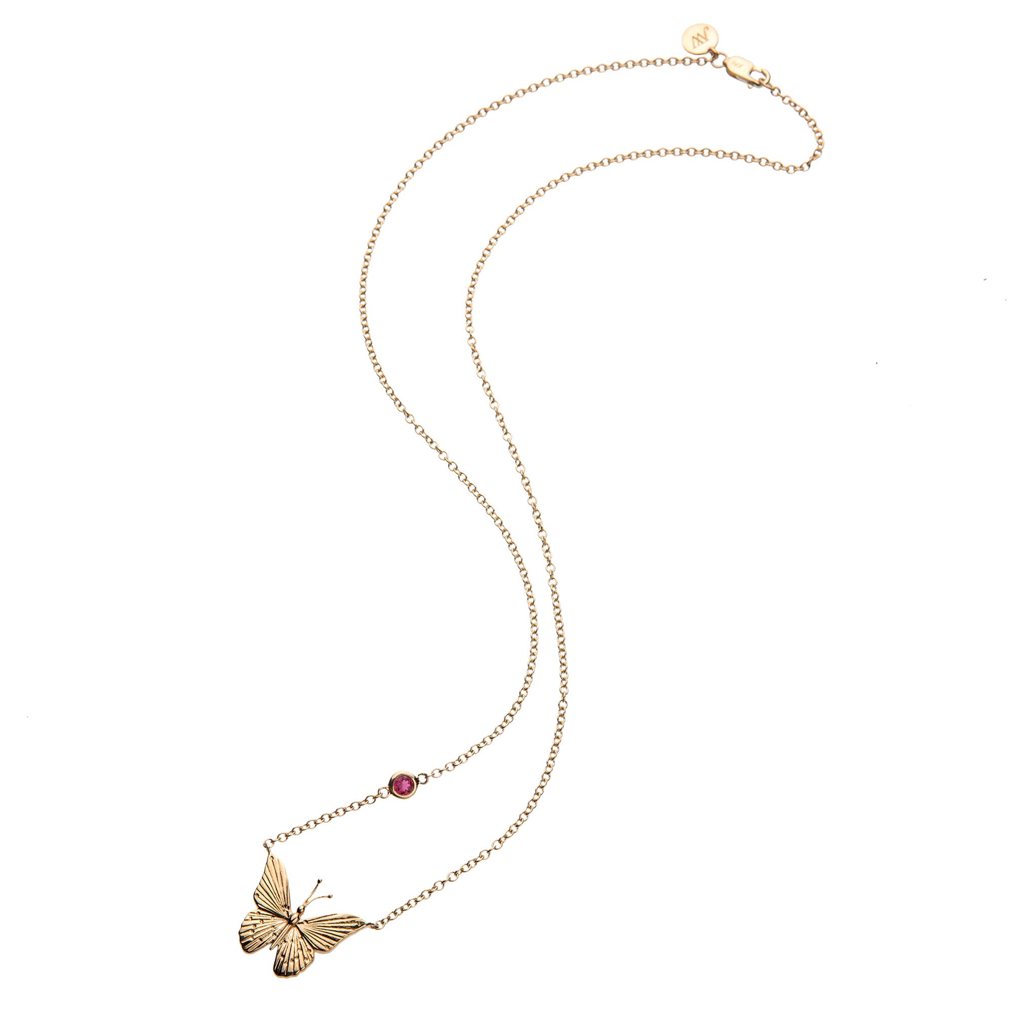 Gold butterfly pendant with pink tourmaline stone on chain