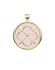 Gold Coin Pendant with Quatrefoil and heart illustration filled in with pale pink enamel