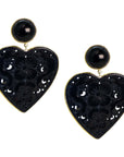 Gold heart drop earrings with onyx top stud and large black agate heart drops featuring carved flowers