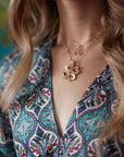 Gold layered necklaces on model
