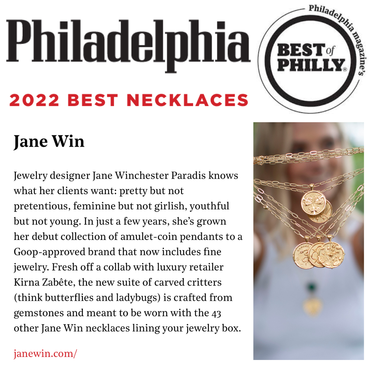 Philadelphia Magazine's Best of Philly 2022: Jane Win wins Best Necklace
