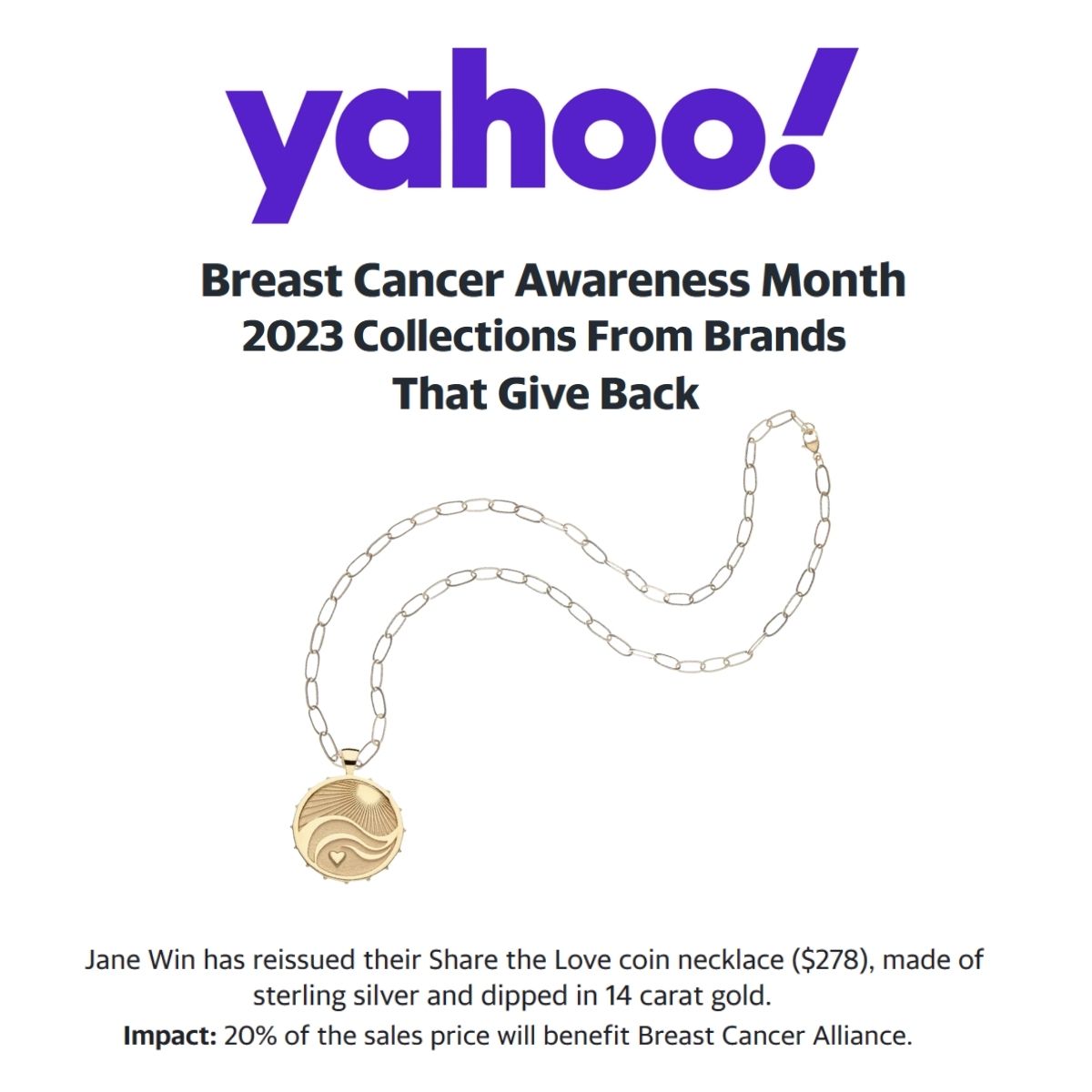 Press Highlight: Yahoo shares JW Share the Love Coin benefiting Breast Cancer Alliance