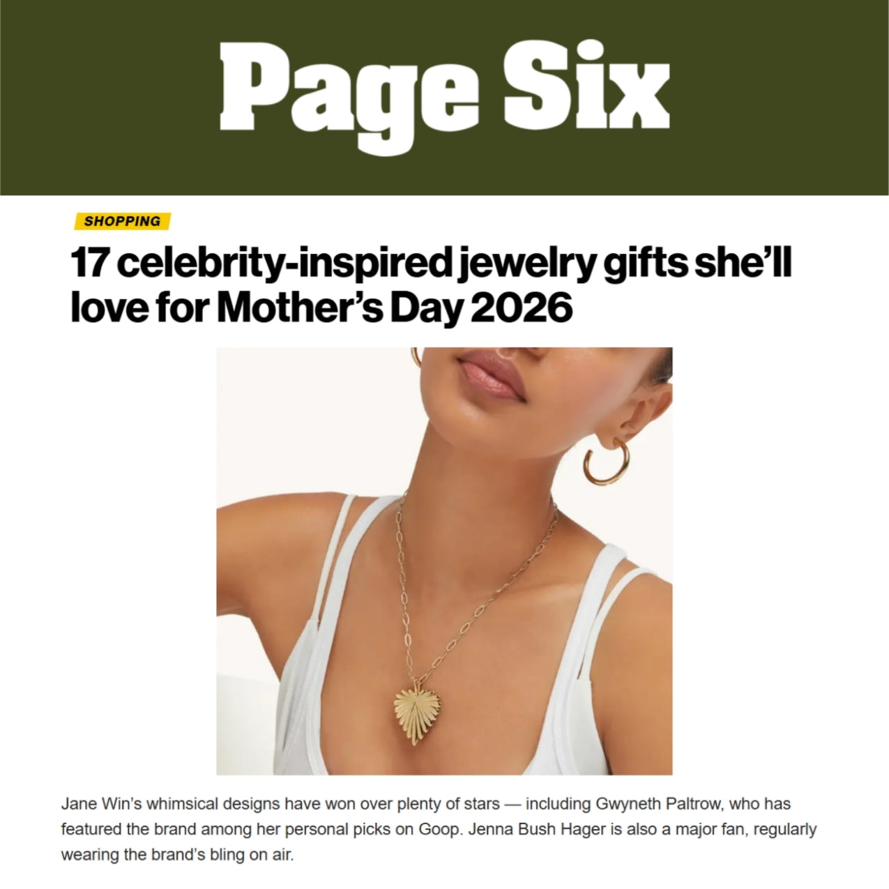 Press Highlight: Page Six deams Jane Win as a 'Celebrity-Inspired Jewe ...