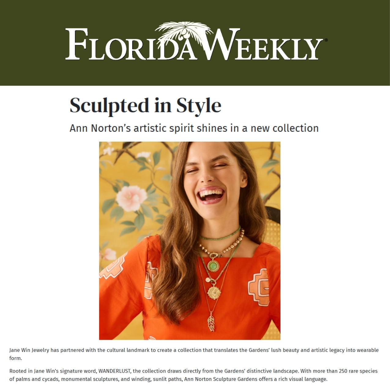 Press Highlight: Florida Weekly covers Jane Win x Ann Norton Sculpture Gardens Capsule Collection