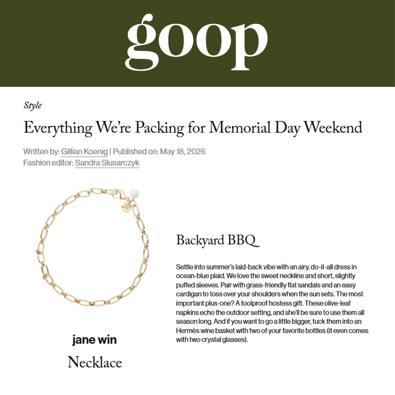 Press Highlight: Goop features Jane Win for Memorial Day Weekend Styling