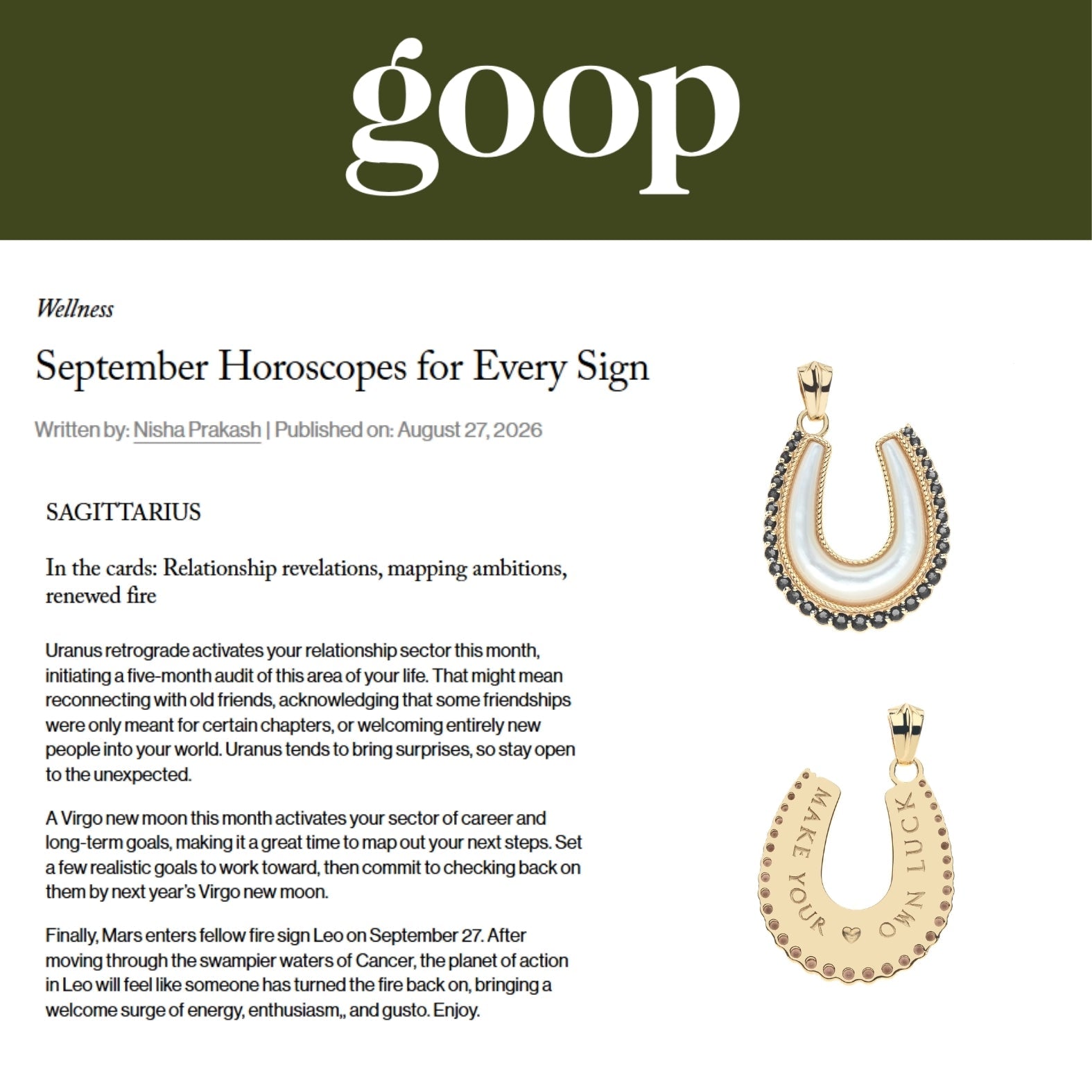 Press Highlight: Jane Win Lucky Horseshoe Featured in Goop's Latest Article
