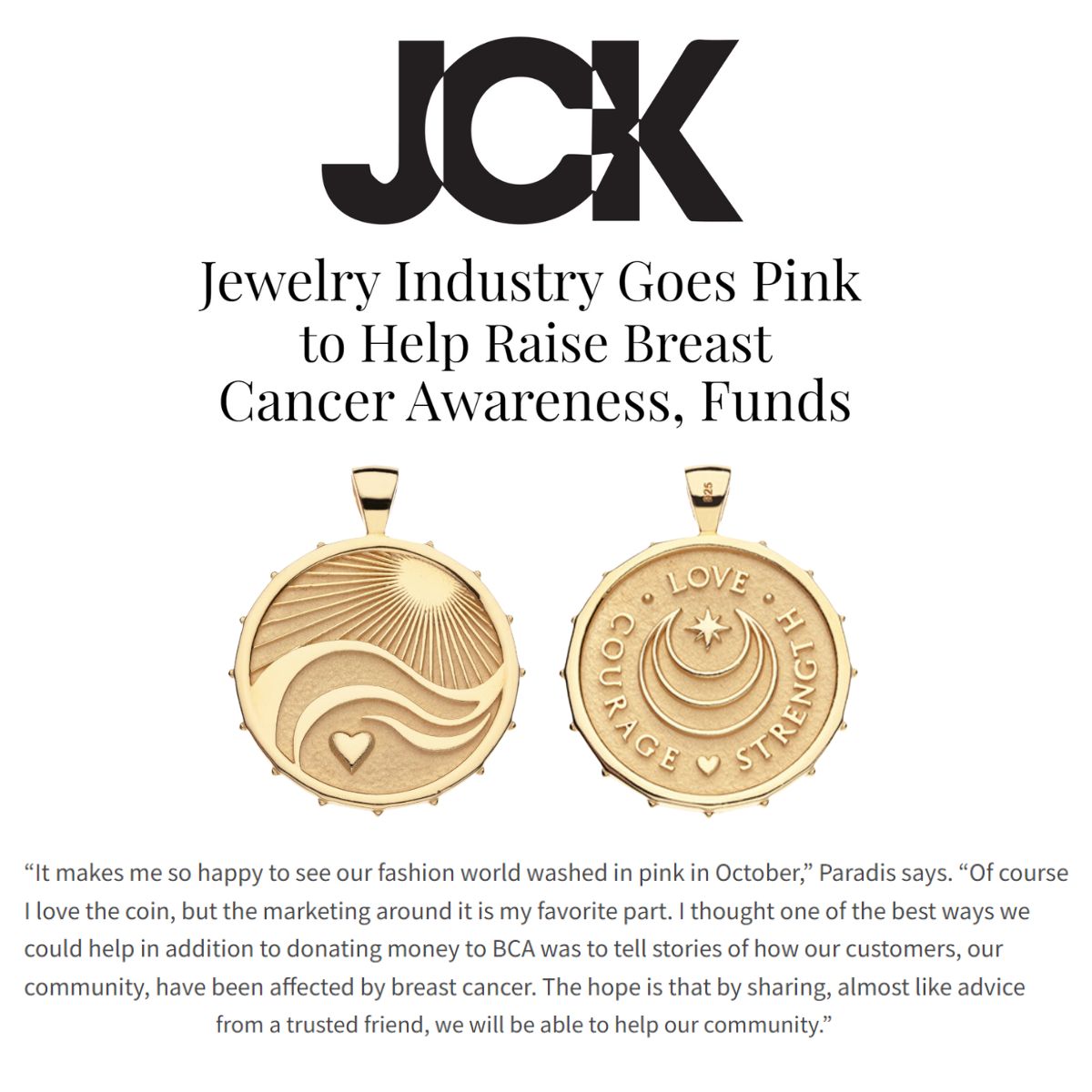 Press Highlight: Jane Win Share the Love Coin Featured in JCK for Breast Cancer Awareness Month