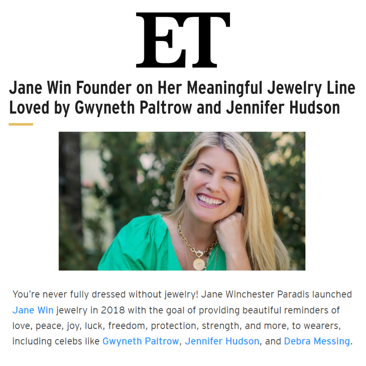 Press Highlight: Entertainment Tonight Interviews Jane On Meaningful Jewelry, Loved by Gwyneth Paltrow and Jennifer Hudson