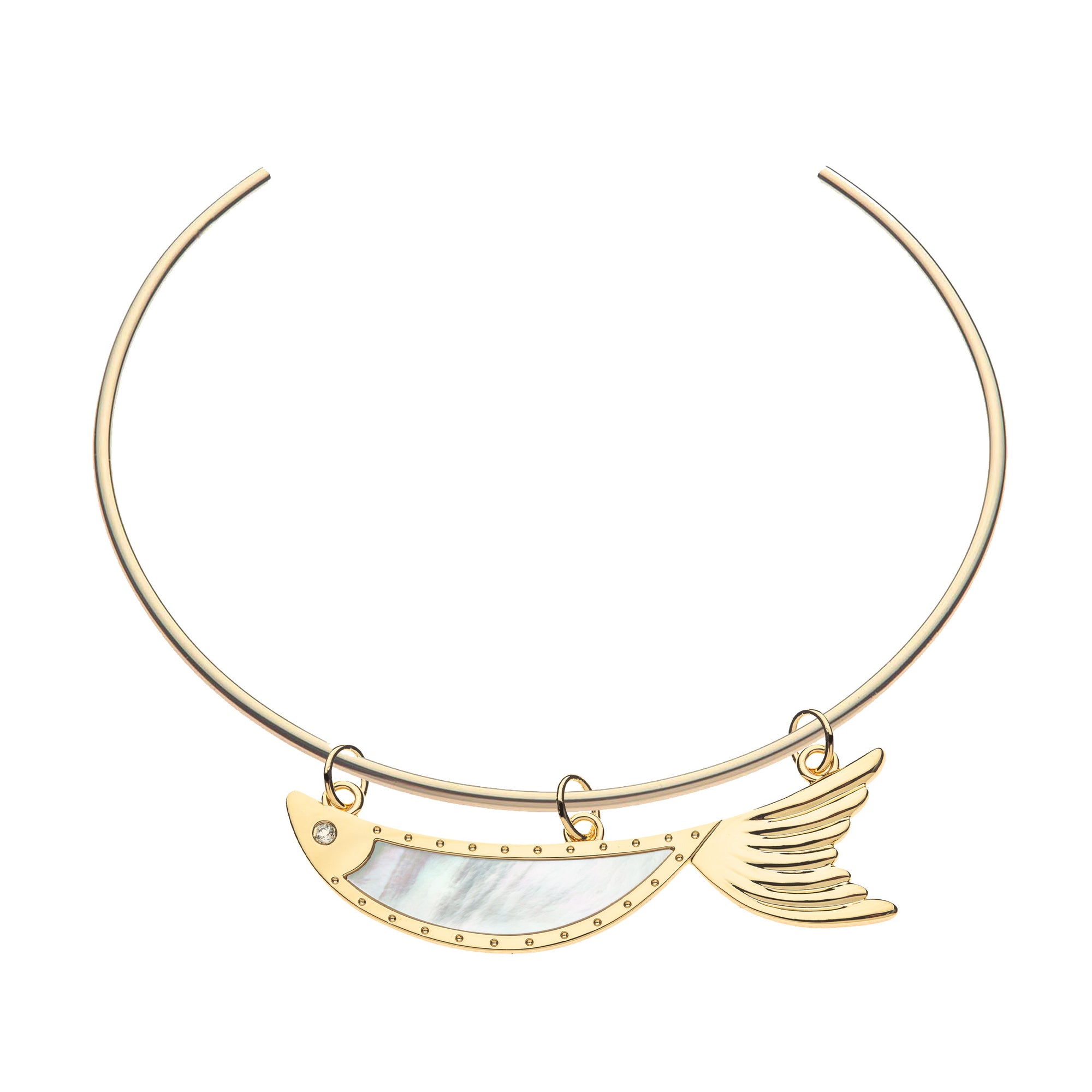 Gold keep swimming fish pendant features mother of pearl inlay, white topaz eye, and 3 jump rings to slide the fish onto the neck cuff