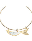 Gold keep swimming fish pendant features mother of pearl inlay, white topaz eye, and 3 jump rings to slide the fish onto the neck cuff