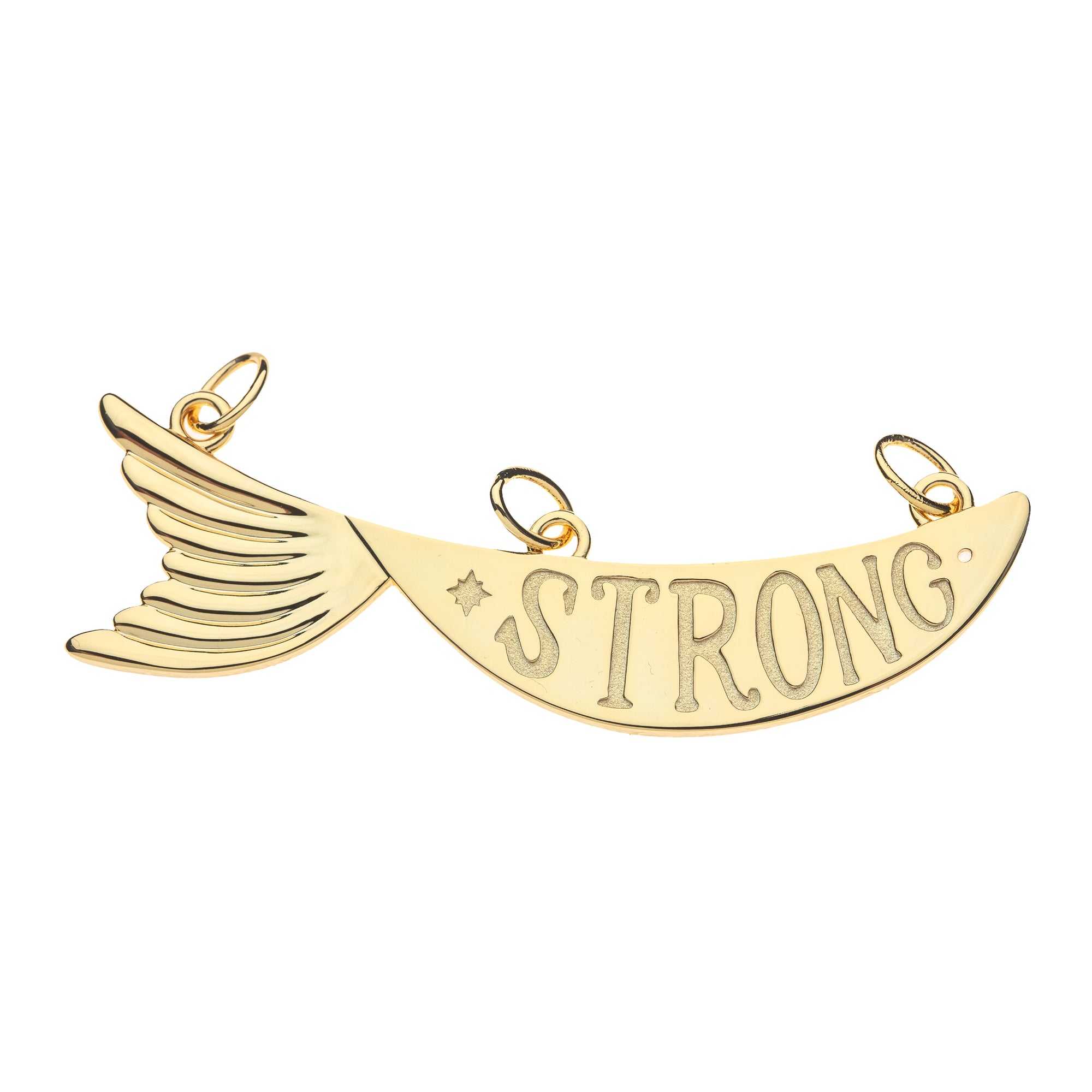 Back of gold keep swimming fish features the word STRONG