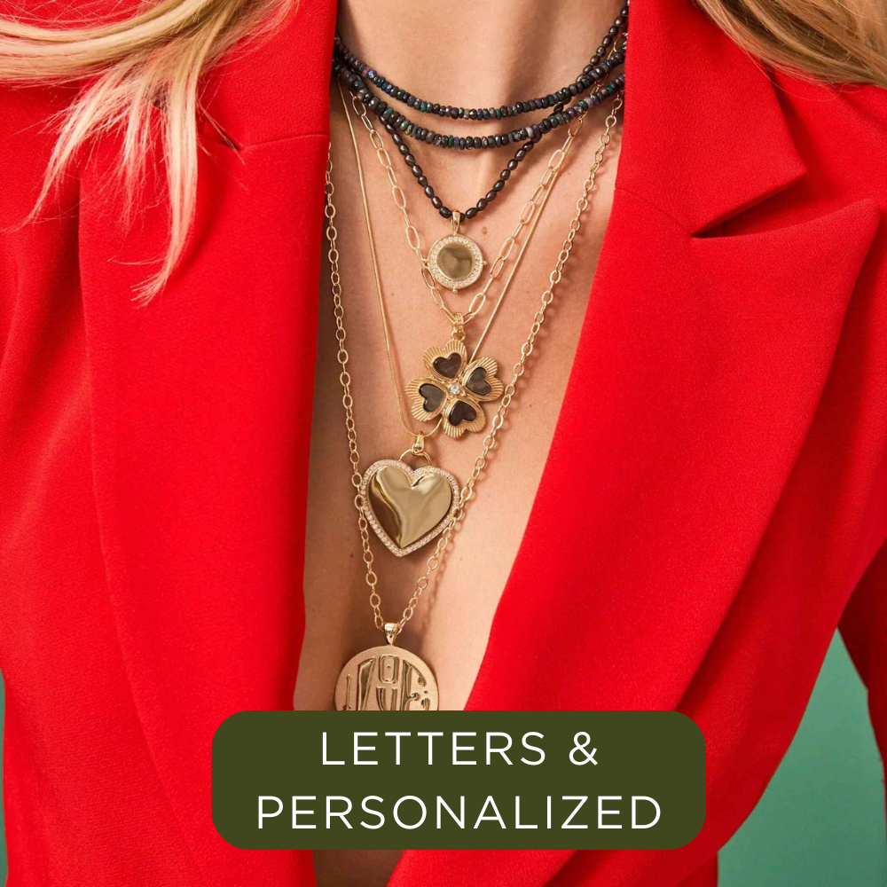 Model wearing personalize items with button for Letters and Personalized