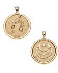 Front of gold coin pendant features a branch with lemons and lemon blossoms and the phrase "LA PLUS BELLE FLEUR" and back of pendant features moon and star logo with the word "GRATITUDE"