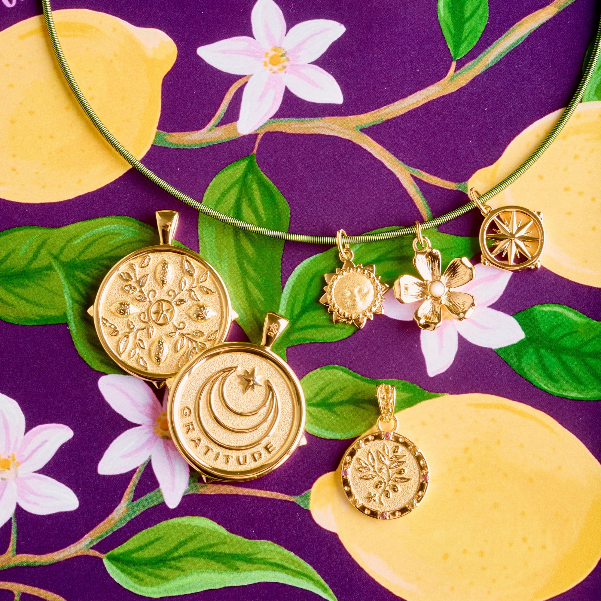 Stylized shot of the gratitude tile coin front and back with the gratitude olive pendant and gratitude charm set on an illustration of lemons and lemon blossoms