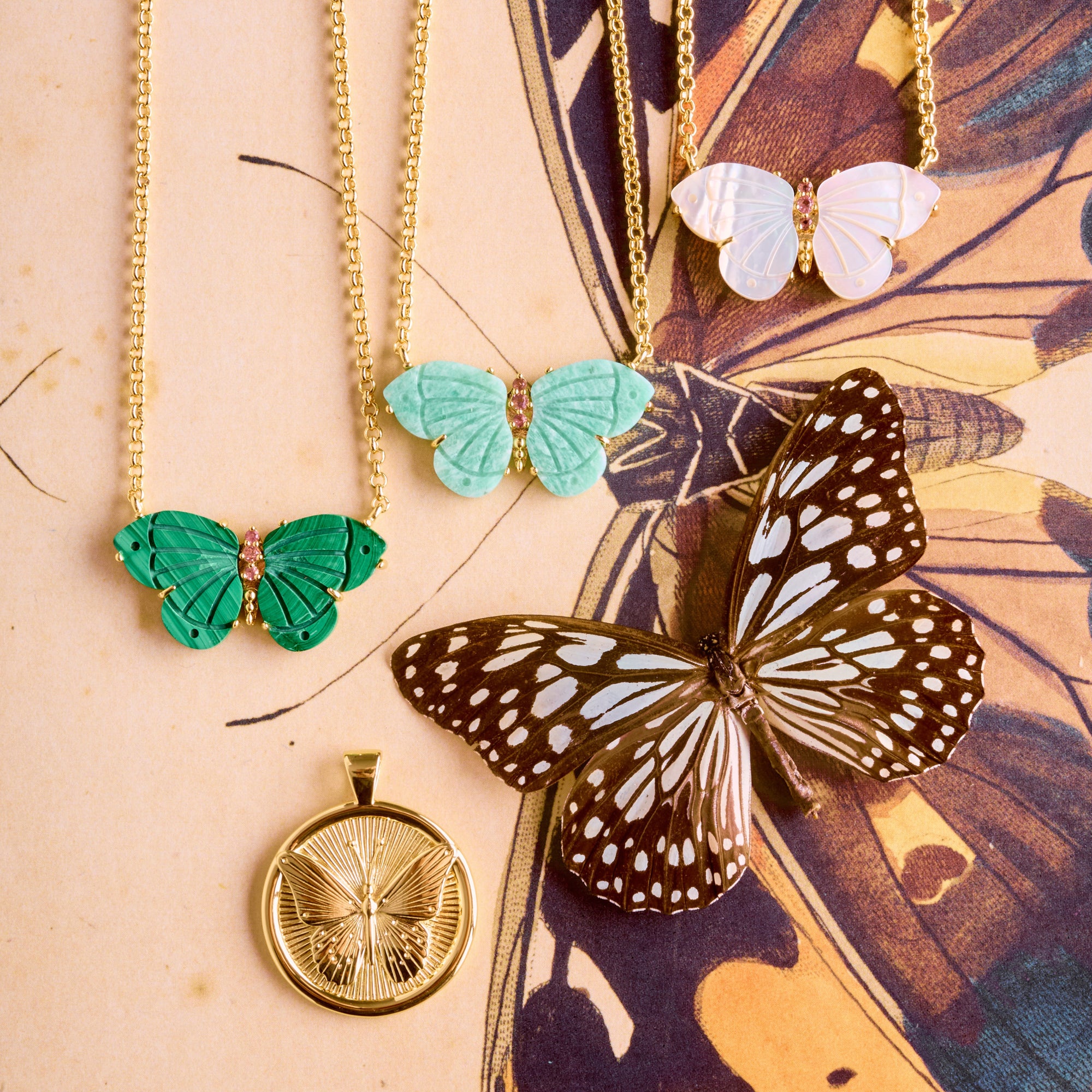 Stylized shot of freedom stone butterfly necklaces in malachite, amazonite, and mother of pearl and free original coin on an illustration of a butterfly