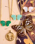 Stylized shot of freedom stone butterfly necklaces in malachite, amazonite, and mother of pearl and free original coin on an illustration of a butterfly