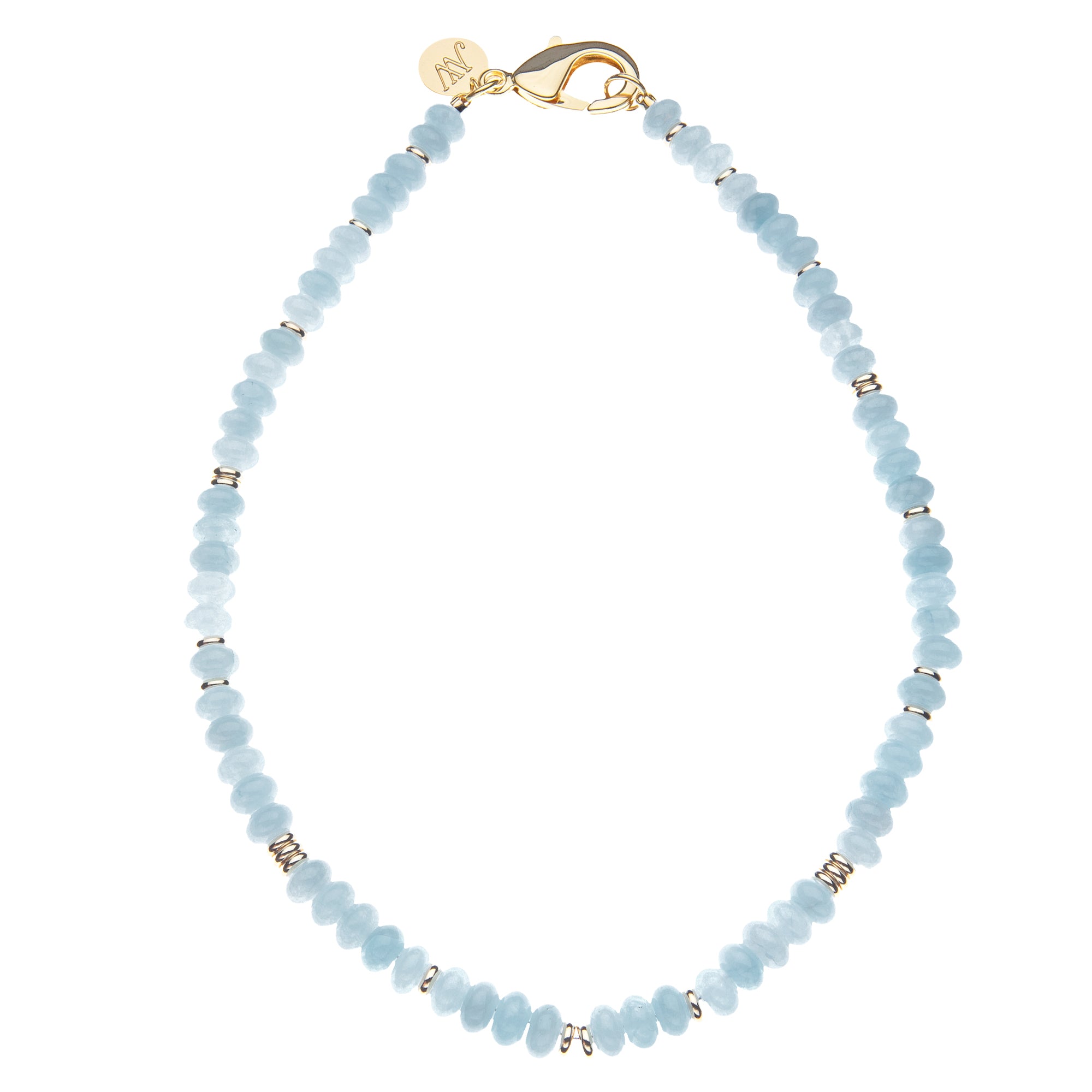 Beaded necklace of light blue jade beads with gold beads interspersed. Features oversized gold lobster clasp
