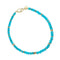 Turquoise beaded necklace with flat gold beads interspersed and oversized gold lobster clasp
