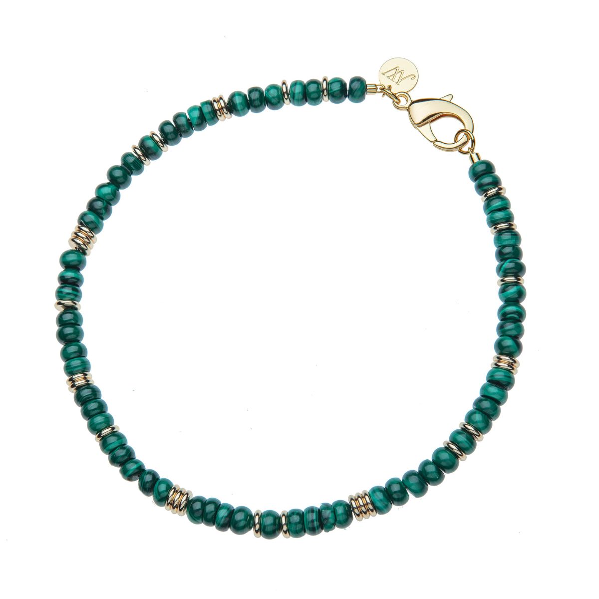 Beaded necklace featuring malachite beads with flat gold beads interspersed.  Necklace features oversized gold lobster clasp.