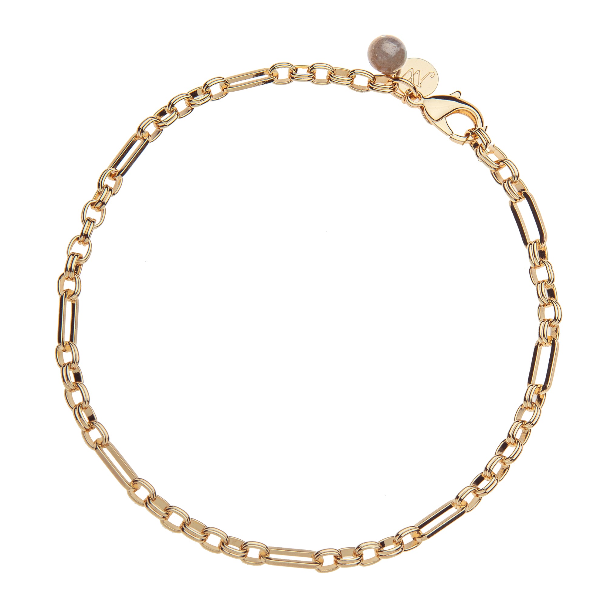 Chunky gold chain with varying link lengths, oversized lobster clasp, and labradorite bead detail