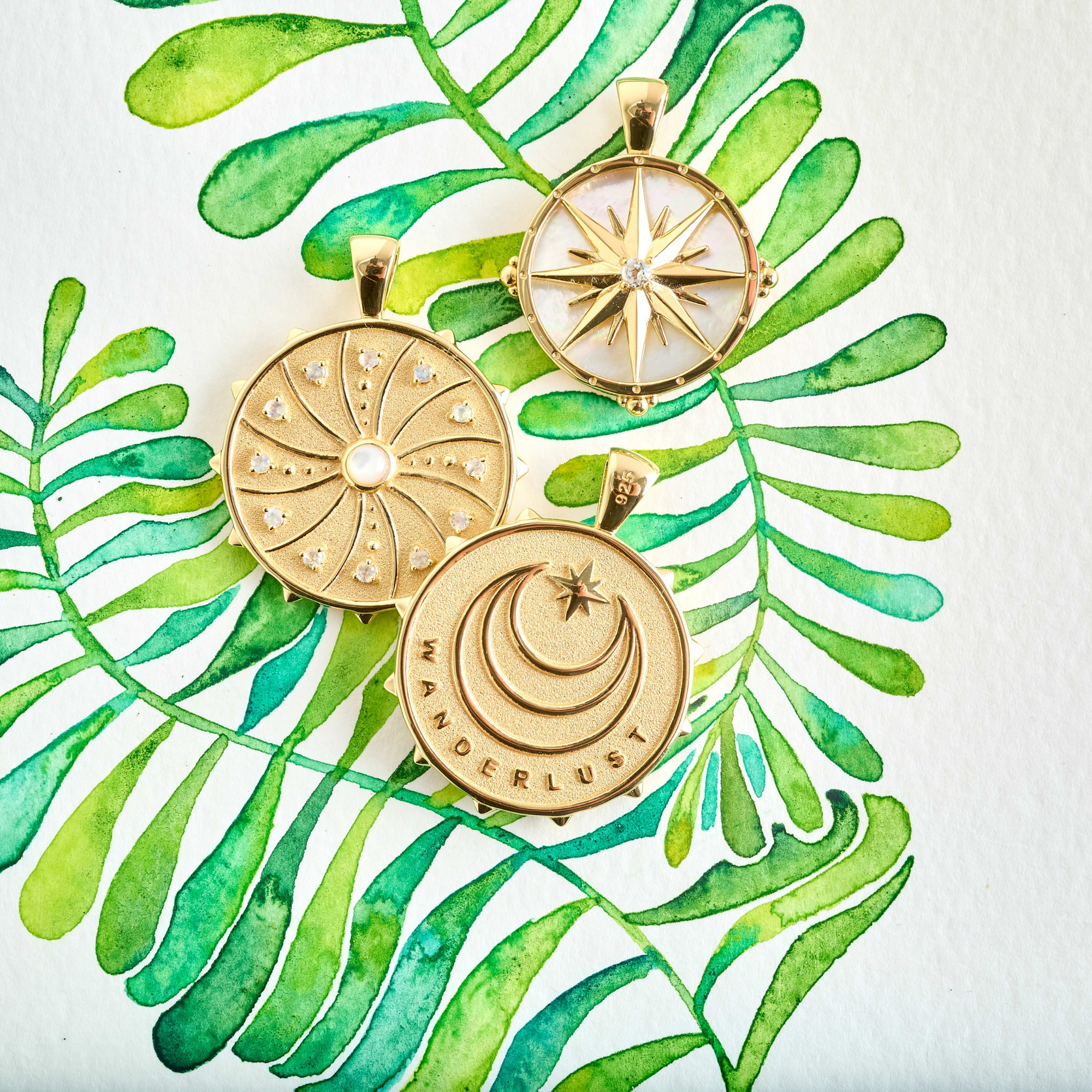 Stylized shot of gold coins with watercolor leaves 