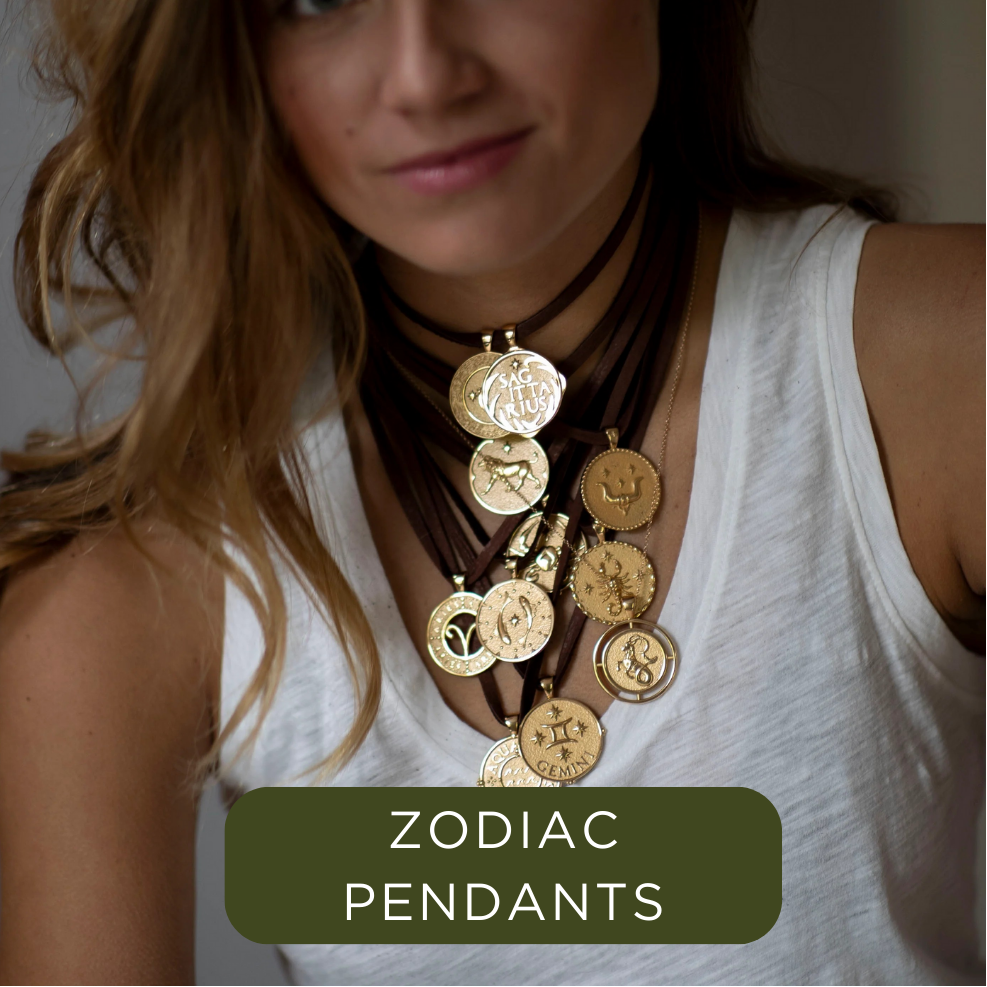 Model wearing zodiac items with button for Zodiac Pendants