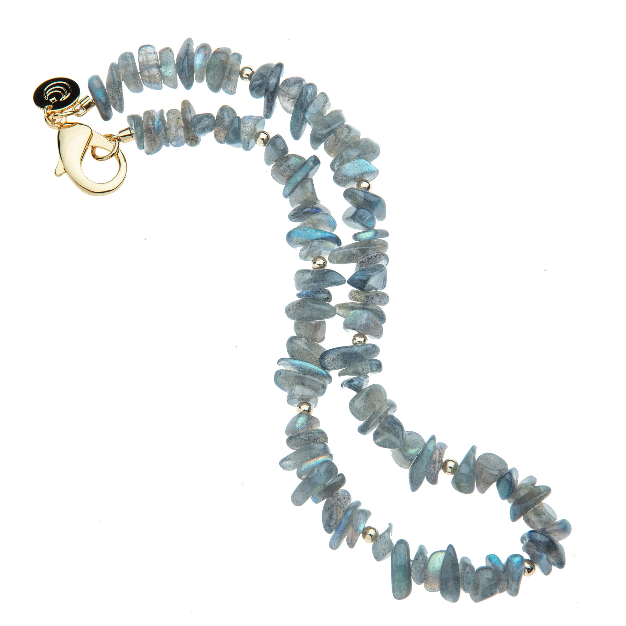 Beaded necklace features naturally shaped labradorite beads in shades of gray, small gold beads interspersed, and an oversized gold clasp