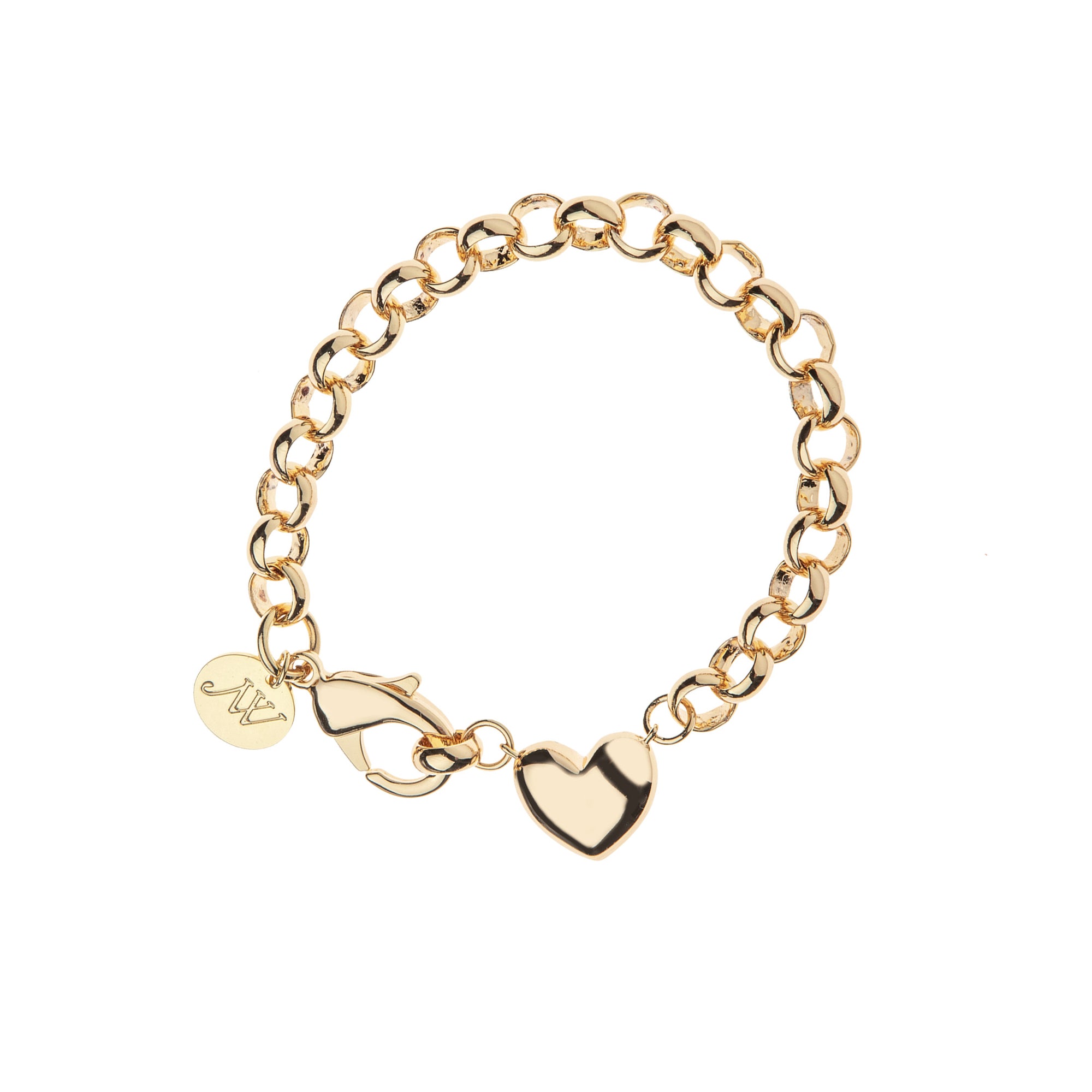 Gold chunky rolo bracelet with puffy heart detail next to the clasp.
