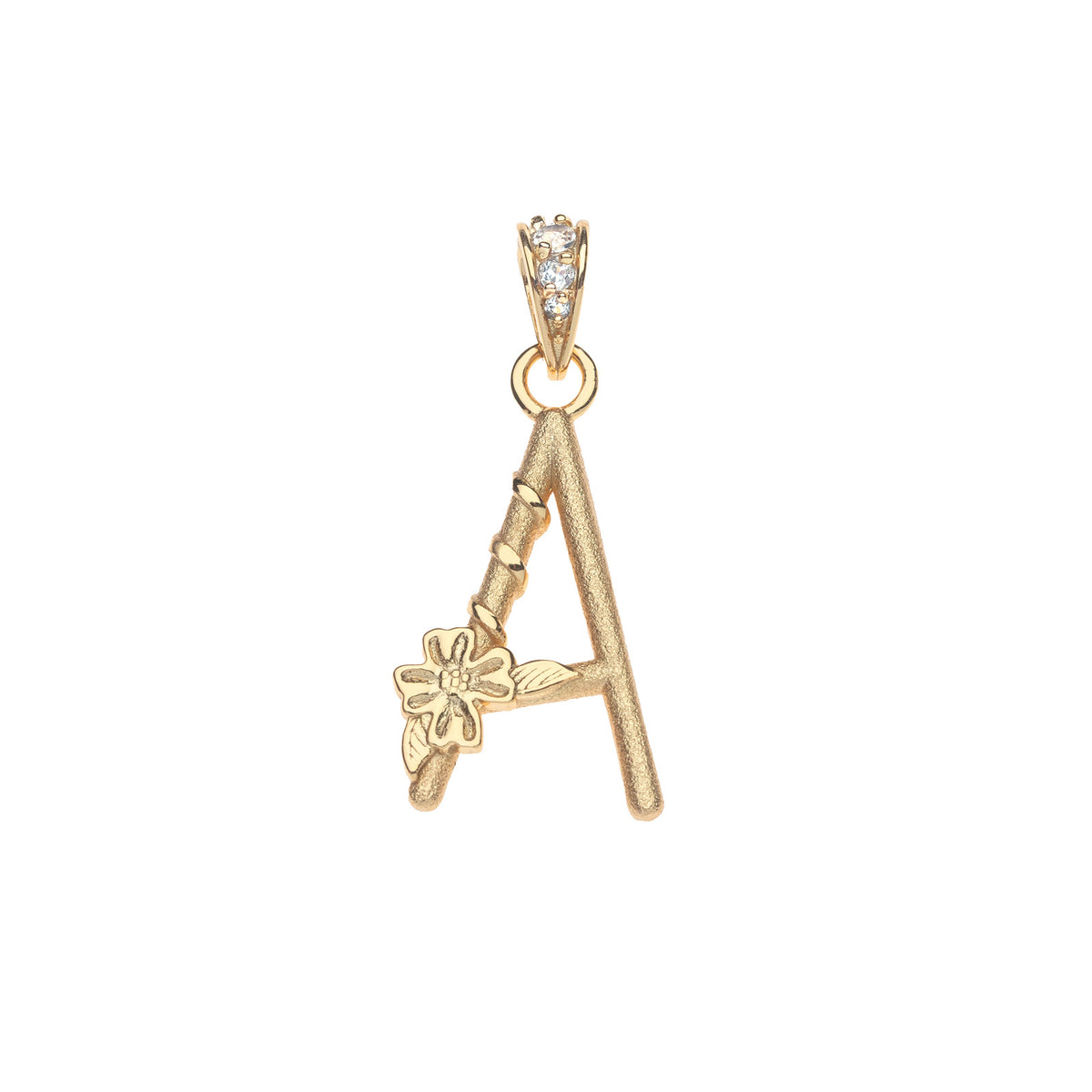 Gold letter A pendant with flower detail and white topaz accents on the bail