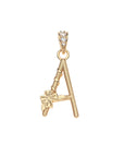 Gold letter A pendant with flower detail and white topaz accents on the bail