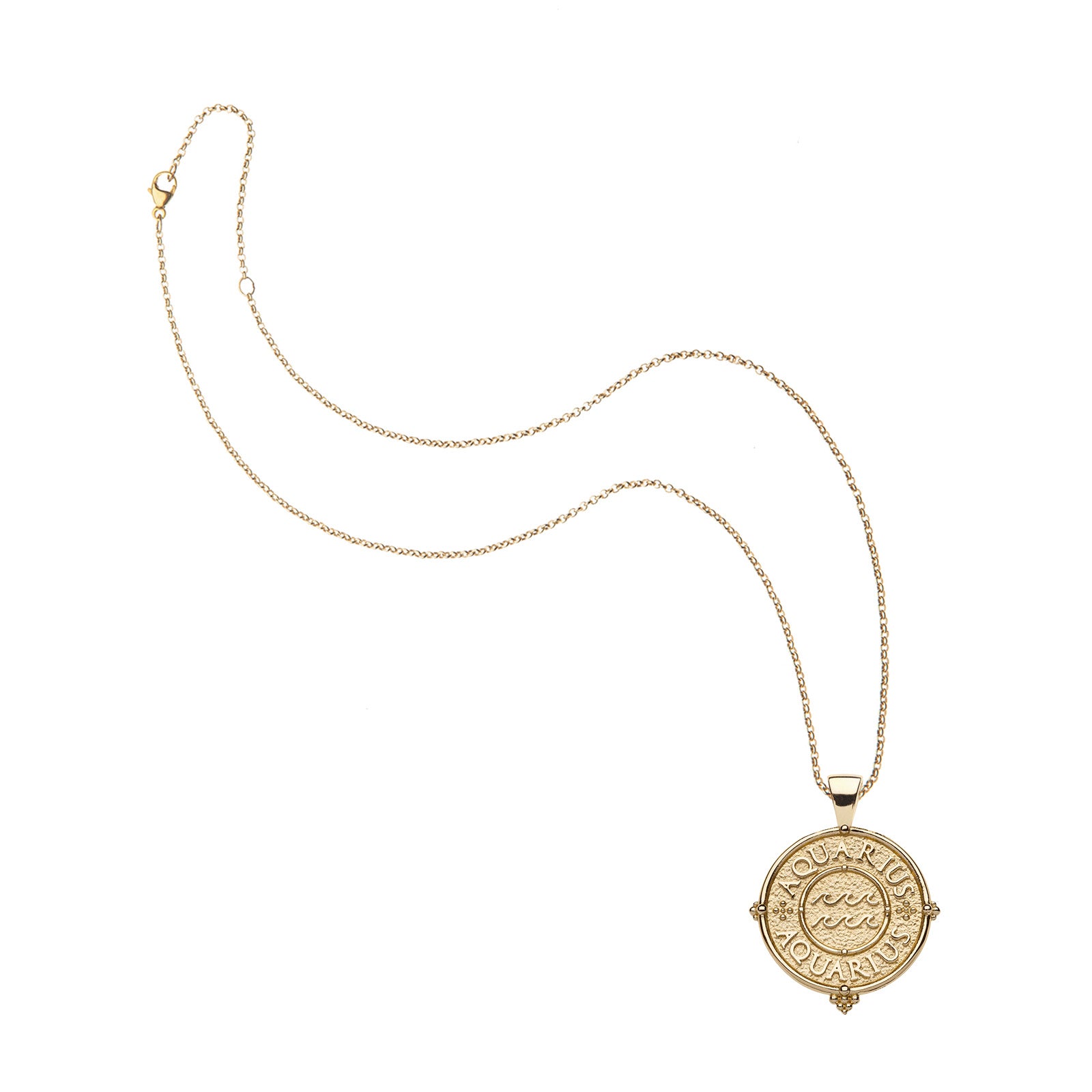 Gold small Aquarius pendant on classic rolo chain