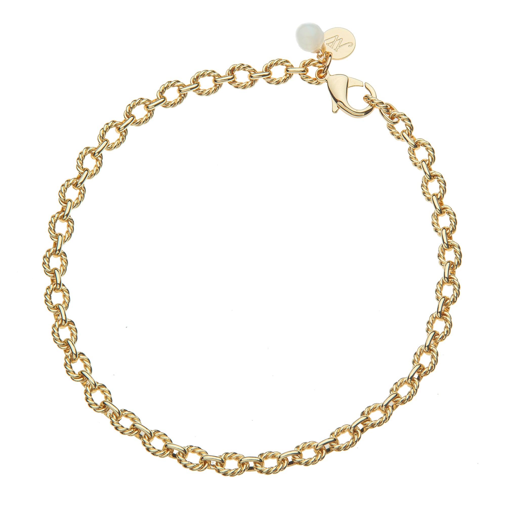 Gold chunky link chain necklace features twisted links, oversized clasp, and mother of pearl bead