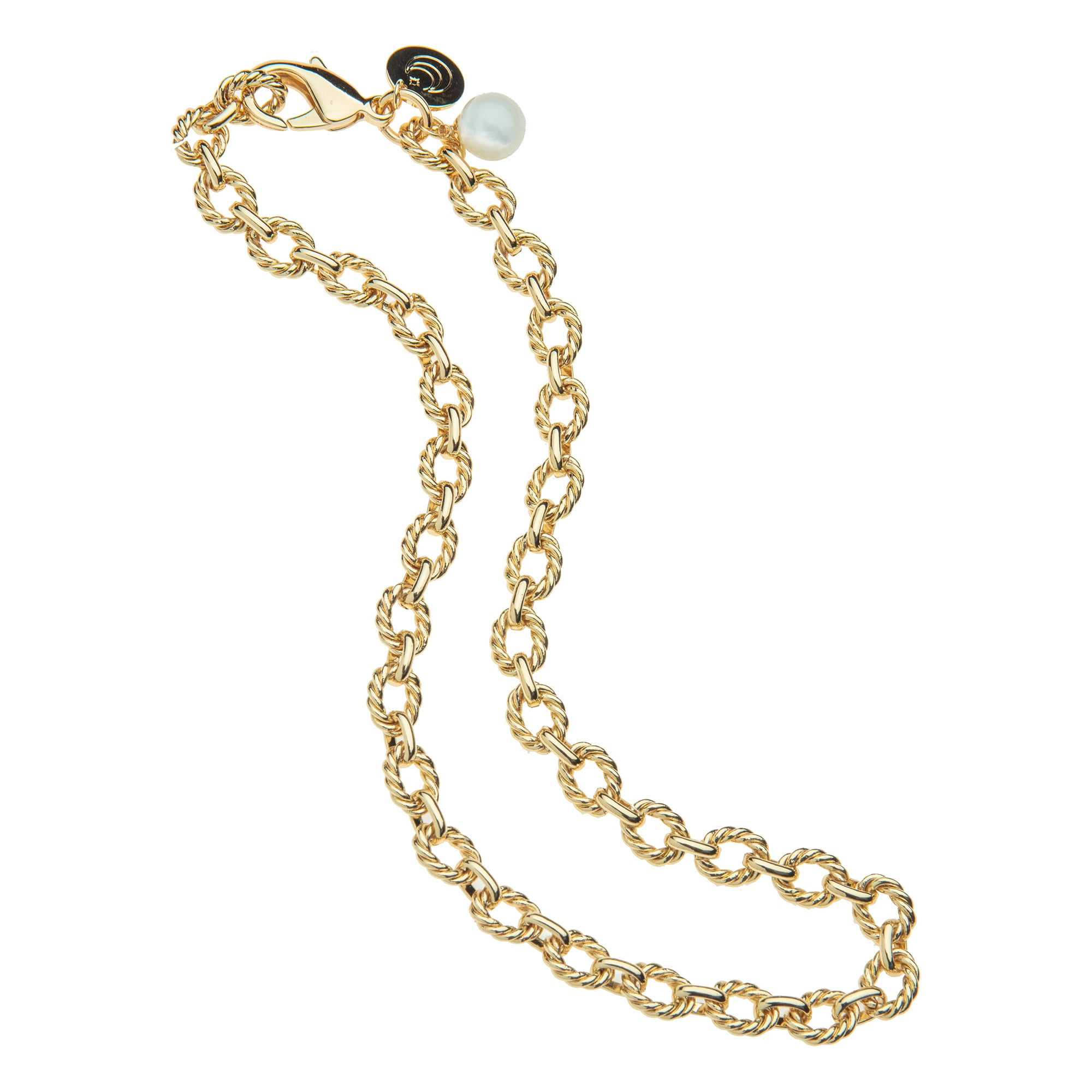 Gold chunky link chain necklace features twisted links, oversized clasp, and mother of pearl bead