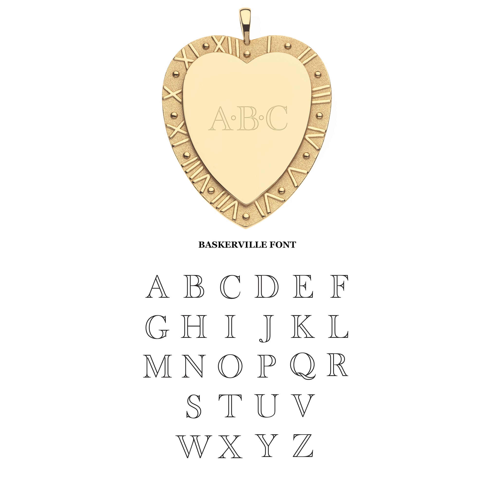 Shiny gold heart-shaped pendant with engraved letters and font selection.