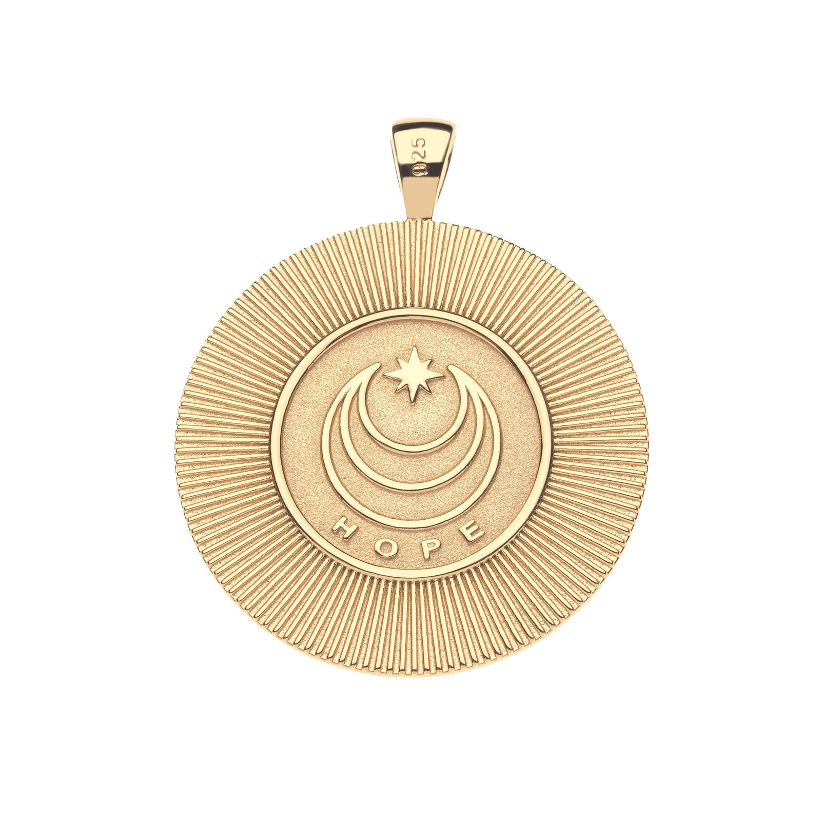 Back of gold coin pendant features moon and star logo and the word HOPE and a wide textured border