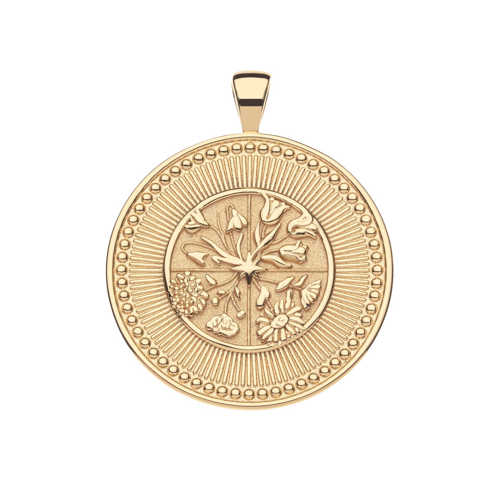 Gold Coin Pendant with floral design in four quadrants and wide textured border