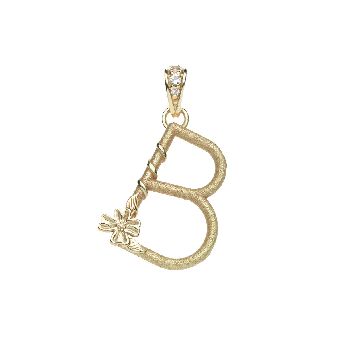 Gold letter B pendant with flower detail and white topaz accents on the bail