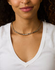 Model wearing the made from love tennis necklace in blue ombre