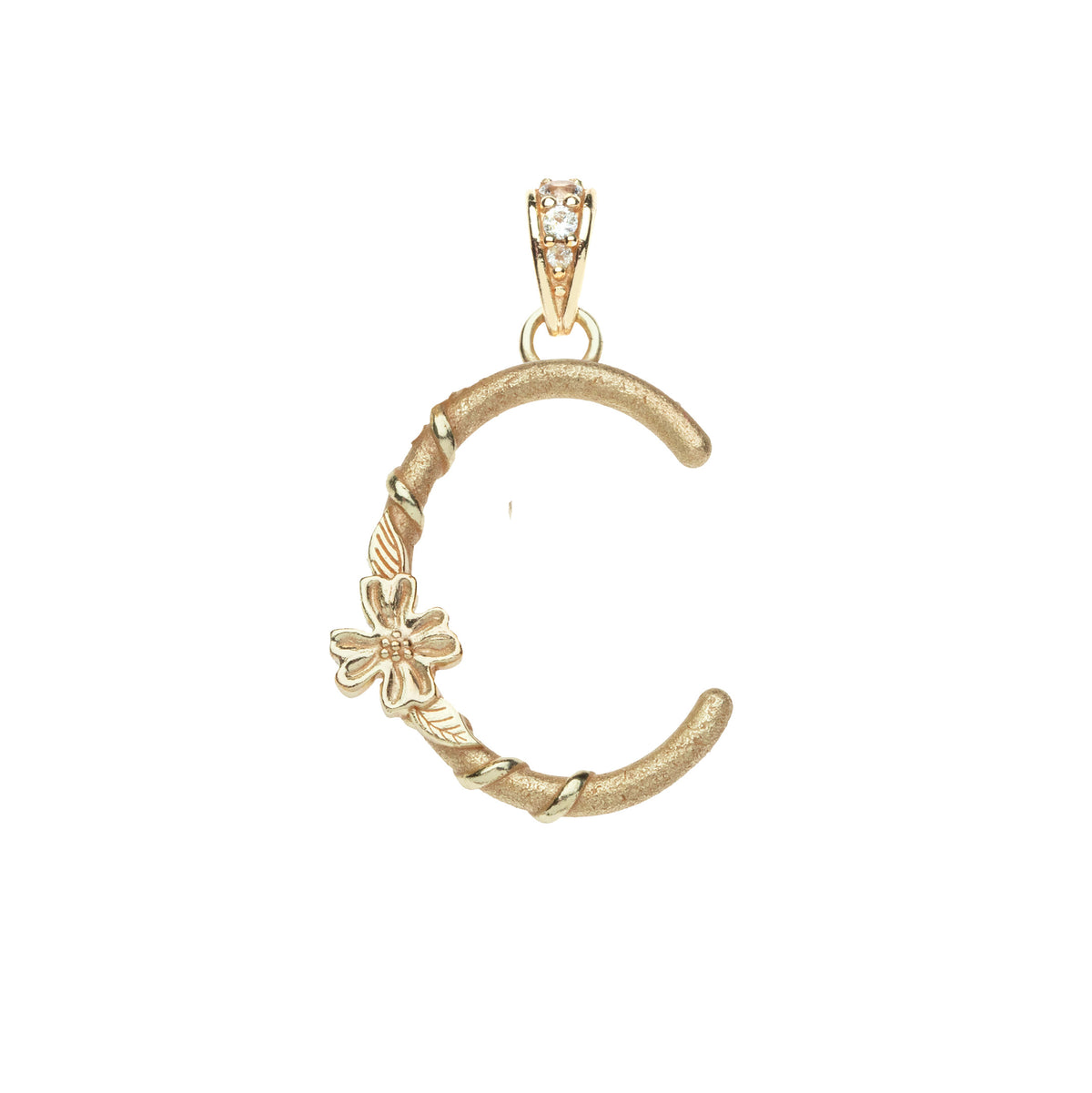 Gold letter C pendant with flower detail and white topaz accents on the bail