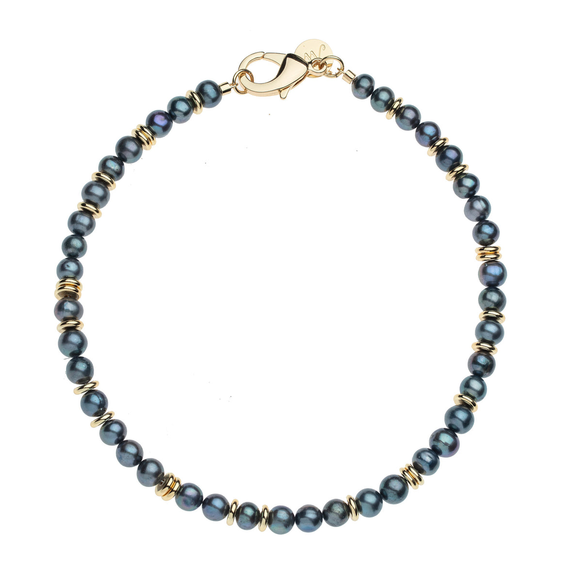 Round black pearl beads with flat gold beads interspersed and gold lobster clasp