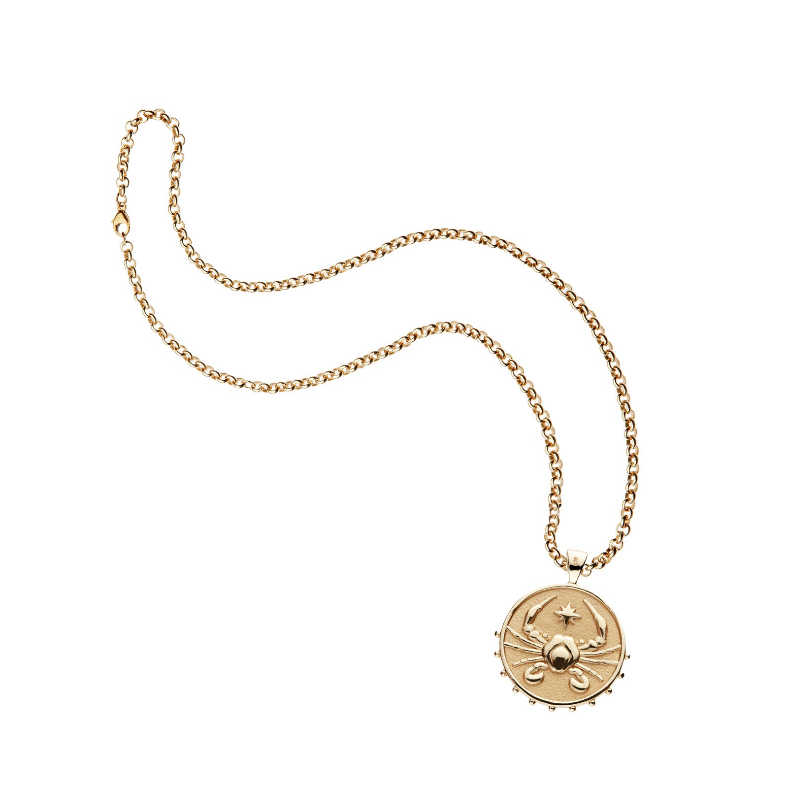 Gold original Cancer coin pendant on grande rolo chain