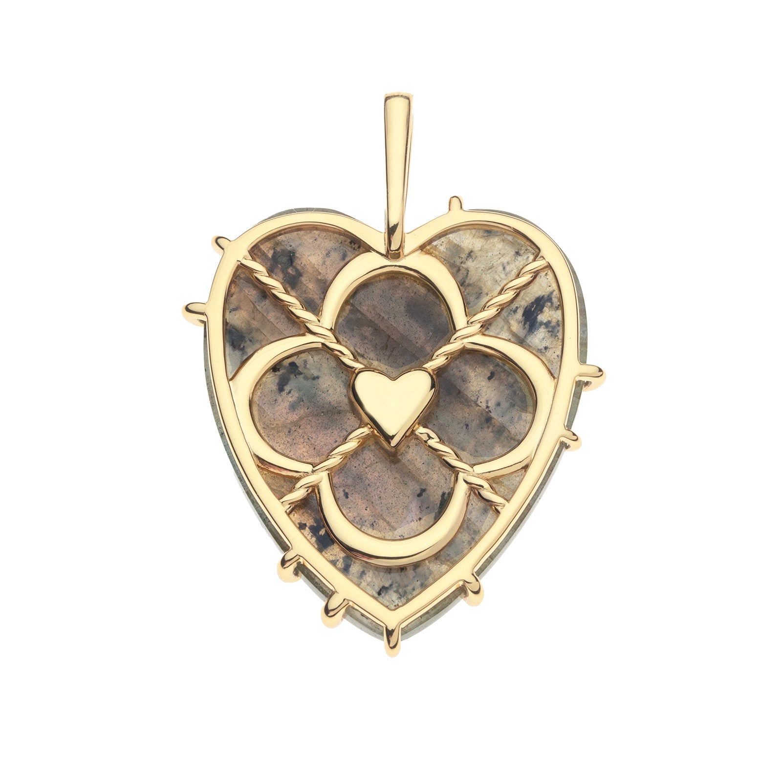 Back of labradorite heart pendant shows gold setting that features heart detail in the center of quatrefoil shape