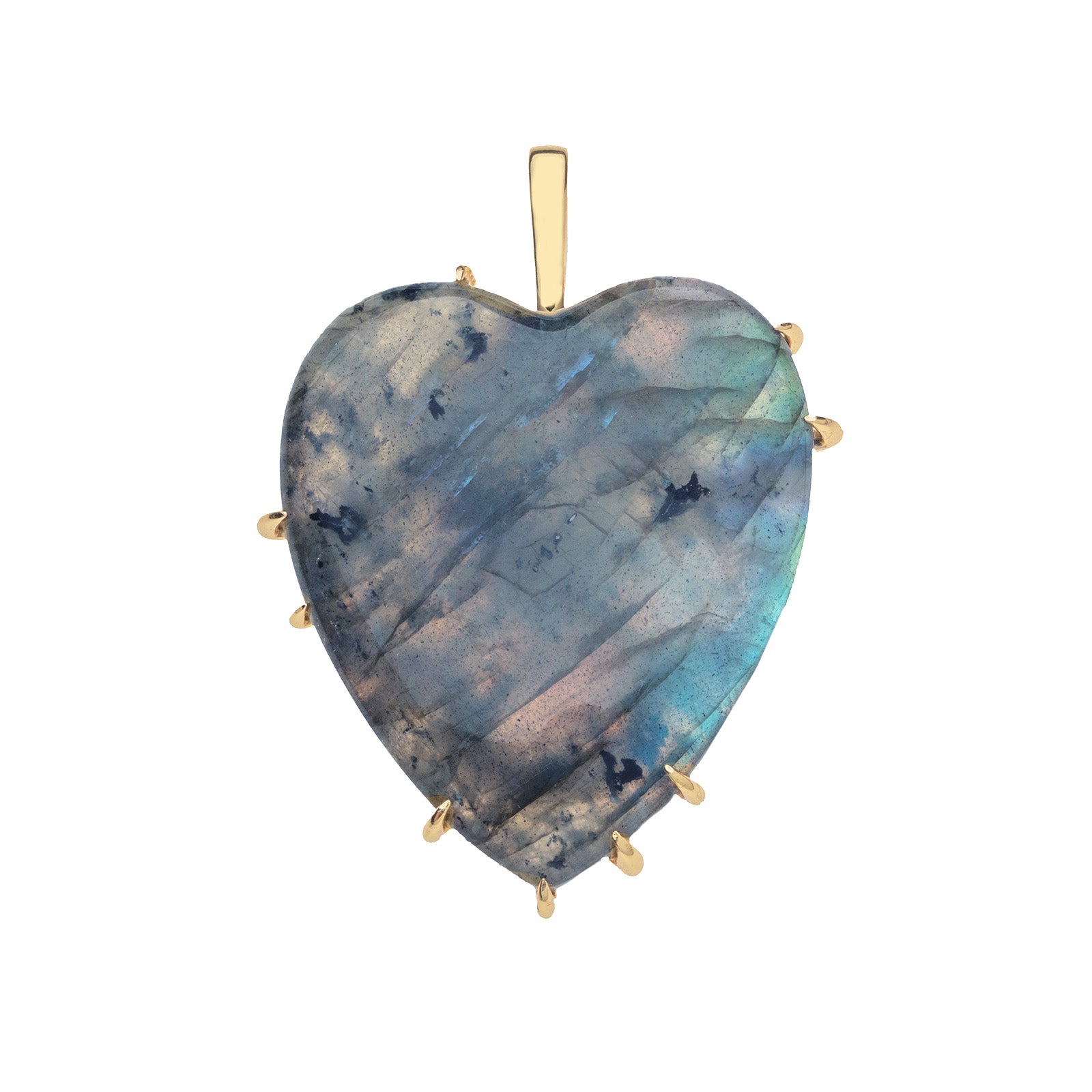 Carved labradorite heart pendant in gold setting