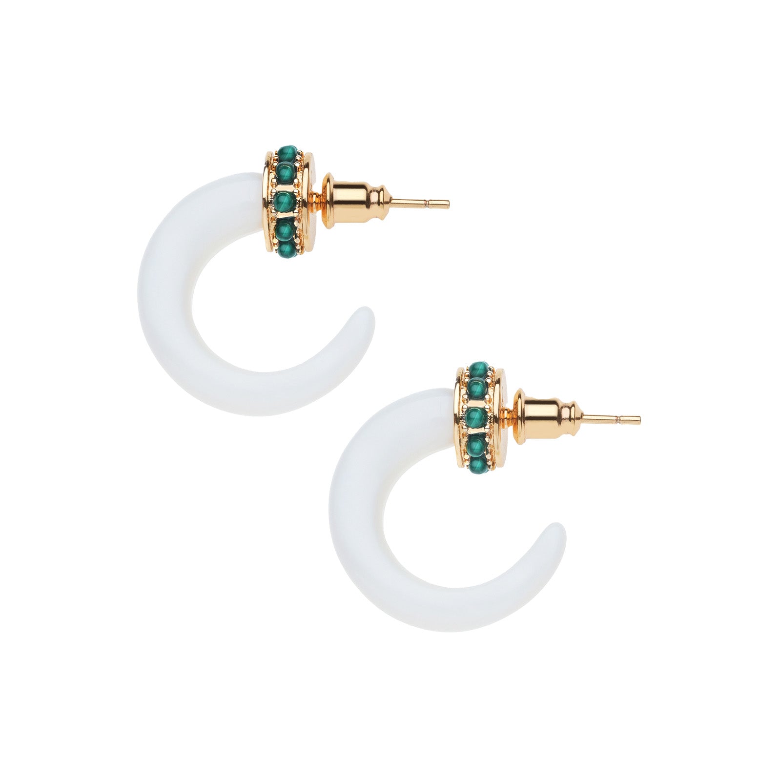 Hoop earrings carved from bone set in gold with malachite stone accents