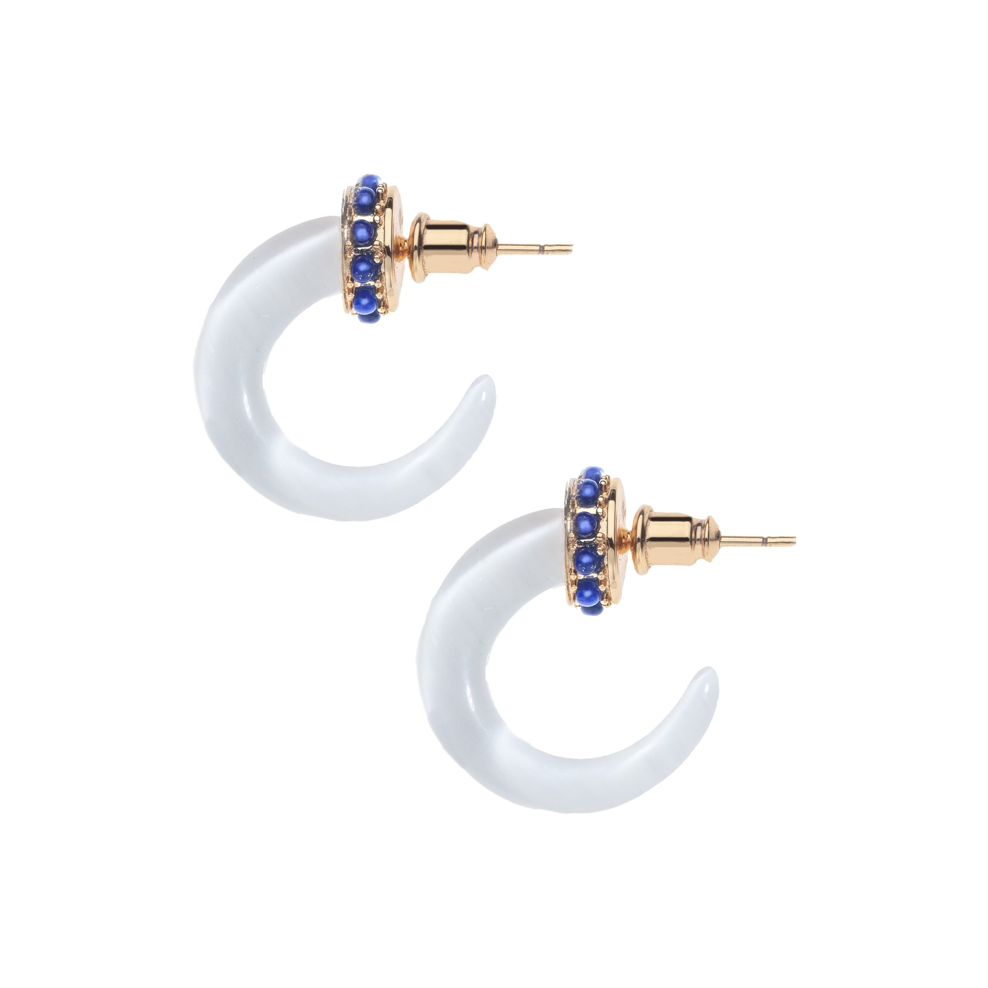 Carved mother of pearl hoops in gold setting with lapis accents