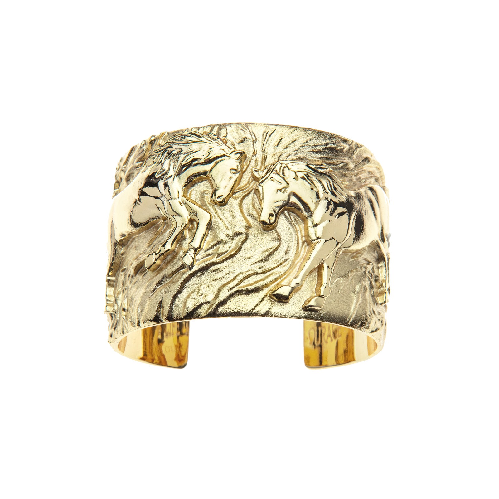 Gold cuff bracelet featuring two horses