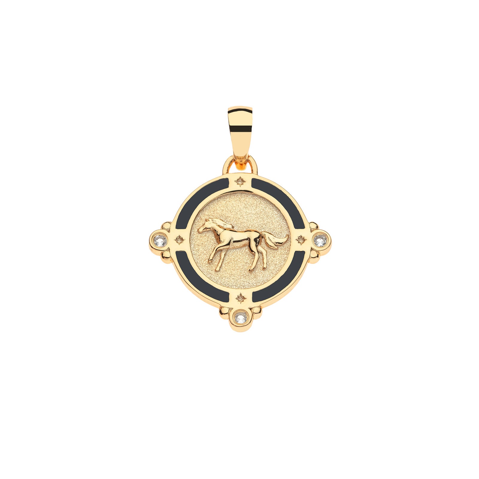 Gold coin pendant featuring galloping horse with border of black enamel and white topaz accents