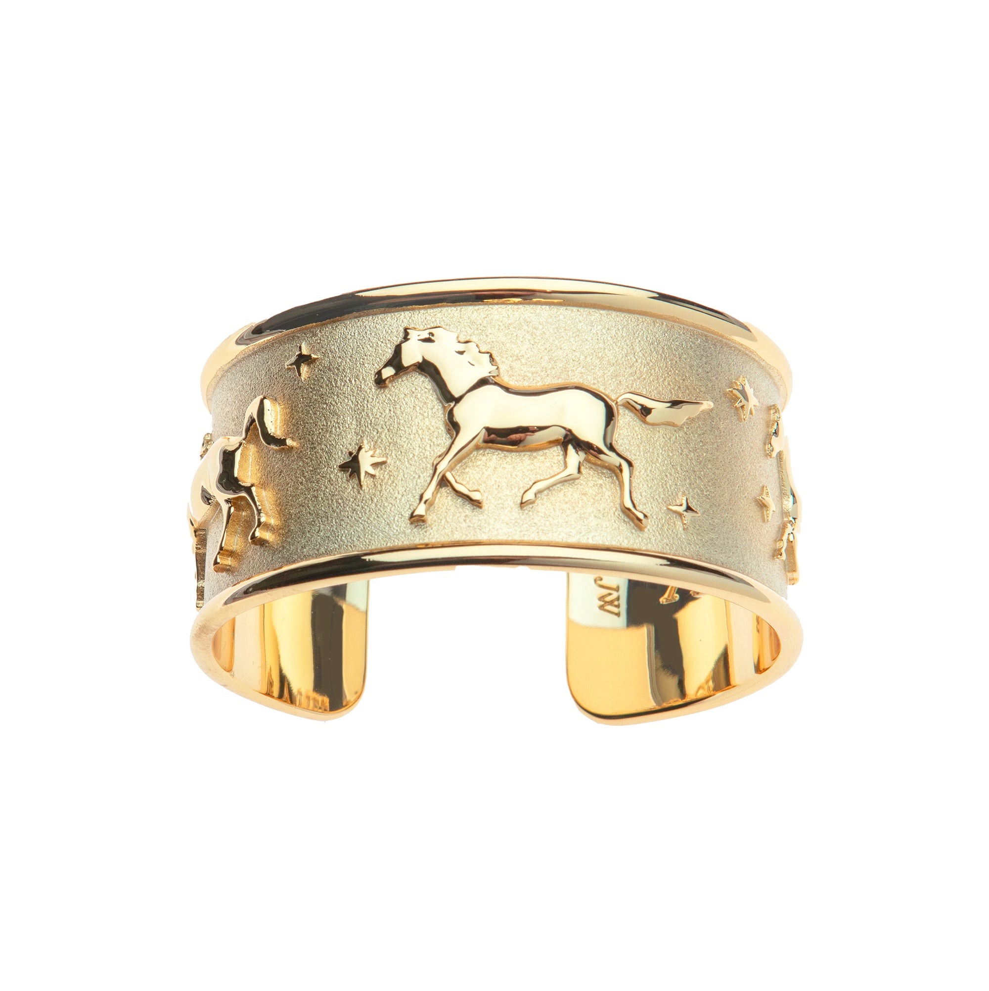Gold cuff bracelet with galloping horses and star details